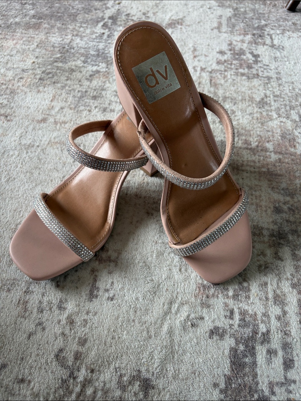 DV by Dolce Vita Nude Rhinestone Double-Strap Block Heels
